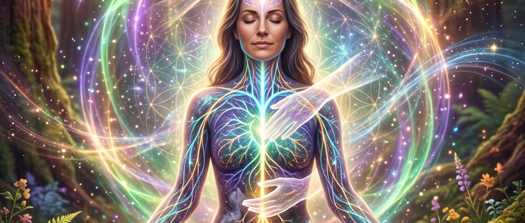 Meditating woman with glowing energy lines and light beams in a forest setting